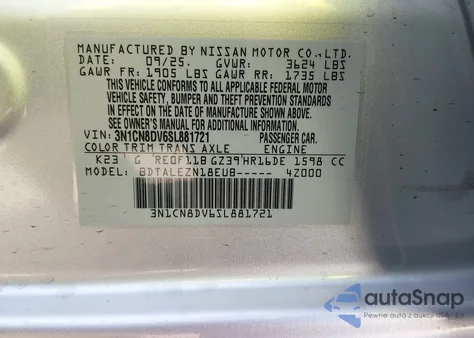 2025 Nissan Versa 1.6 S z USA, uszkodzony, nr VIN 3N1CN8DV6SL881721